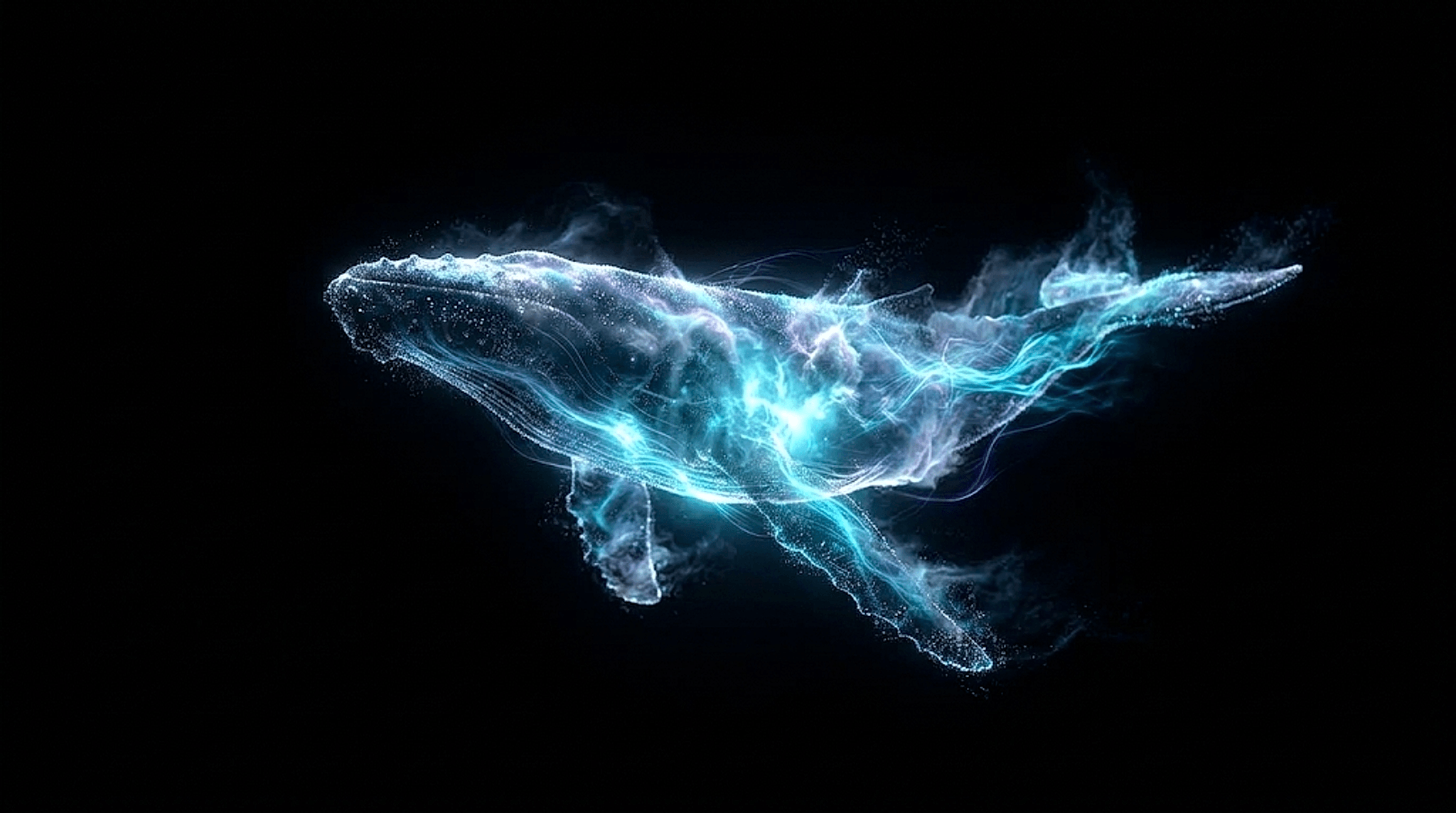 Glowing translucent whale formed from blue and violet particles